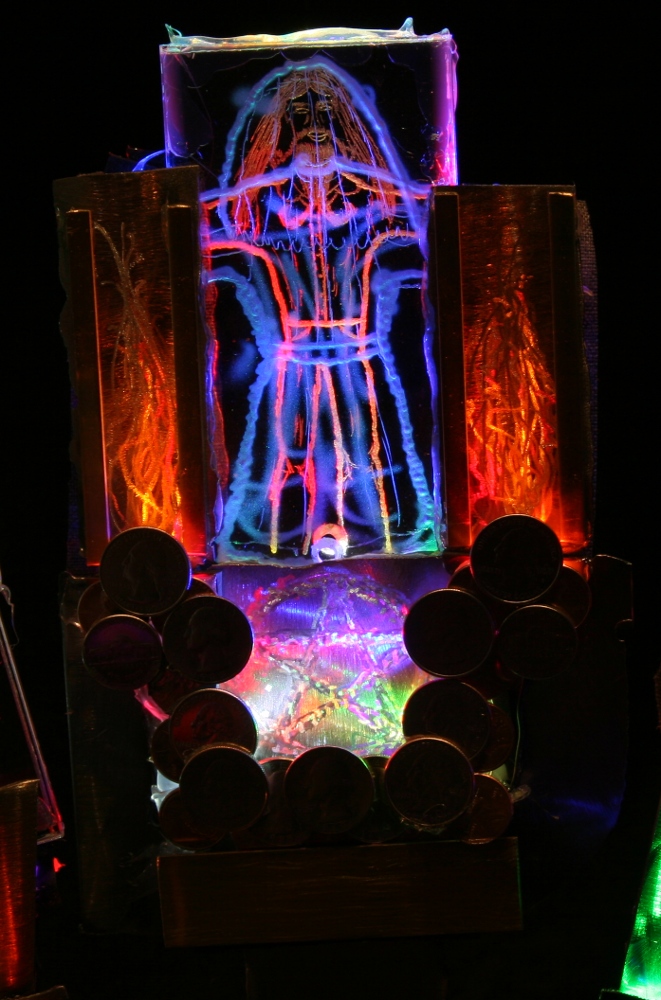 Andy Warhol Wearing Clear Plastic Raincoat And Torches And Pentacle Table Top Sculpture