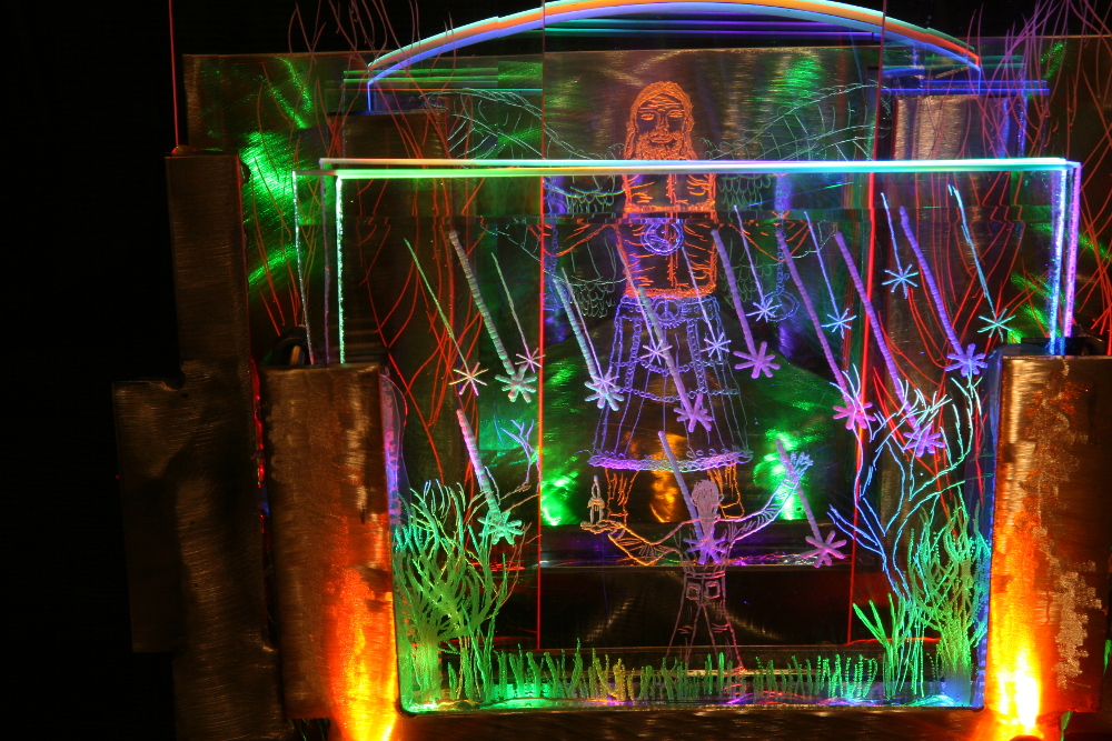 Greeting Light Sculpture With Close Up Of Engraved And Sandblasted Glass And Steel